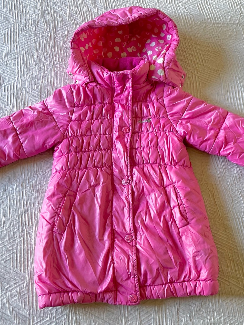 Girls Down Mid Length Puffer Coat, Lightweight, Rose Pink, Detatchable Hood